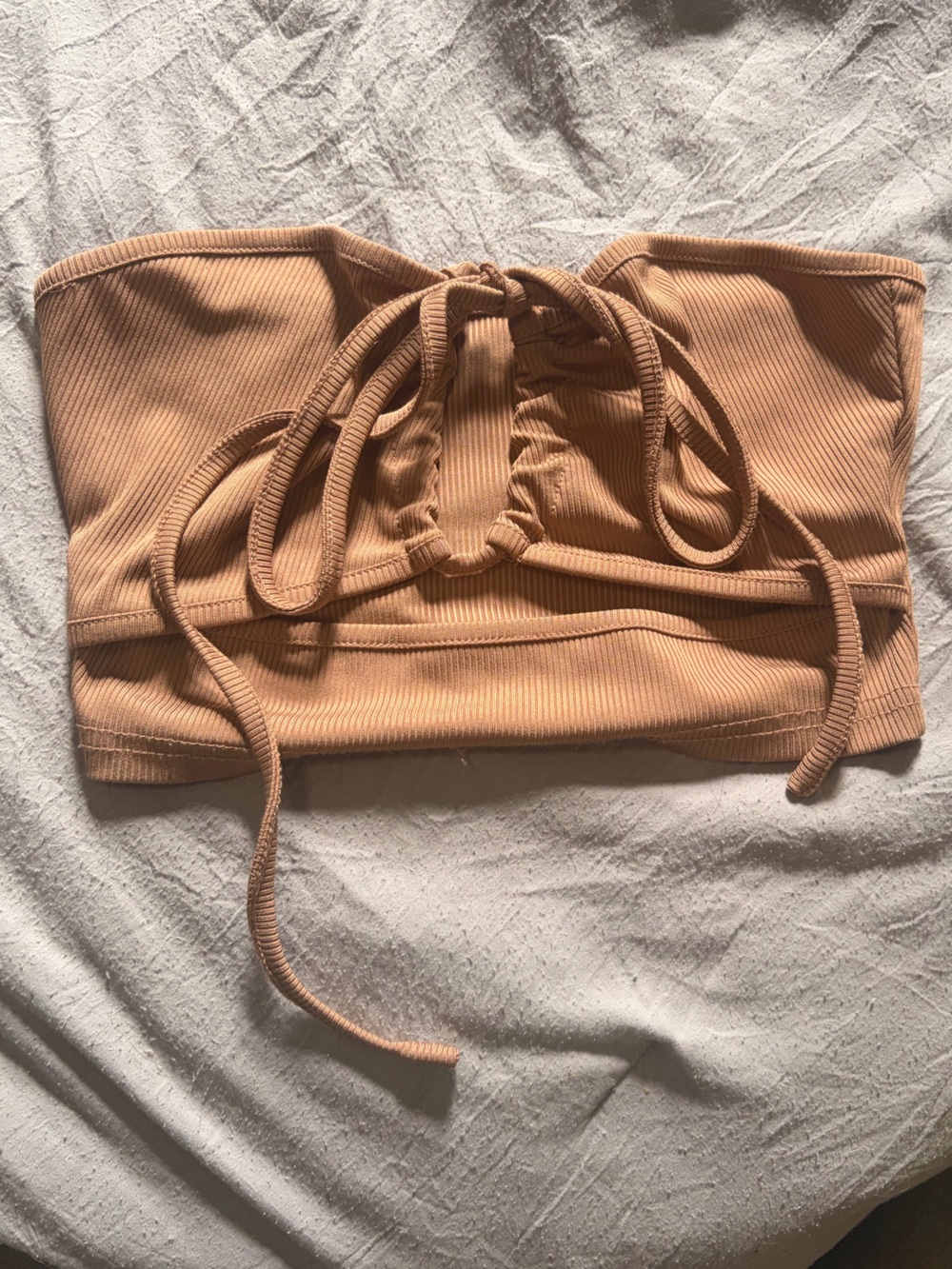 SHEIN Tan Ribbed Drawstring Tube Top